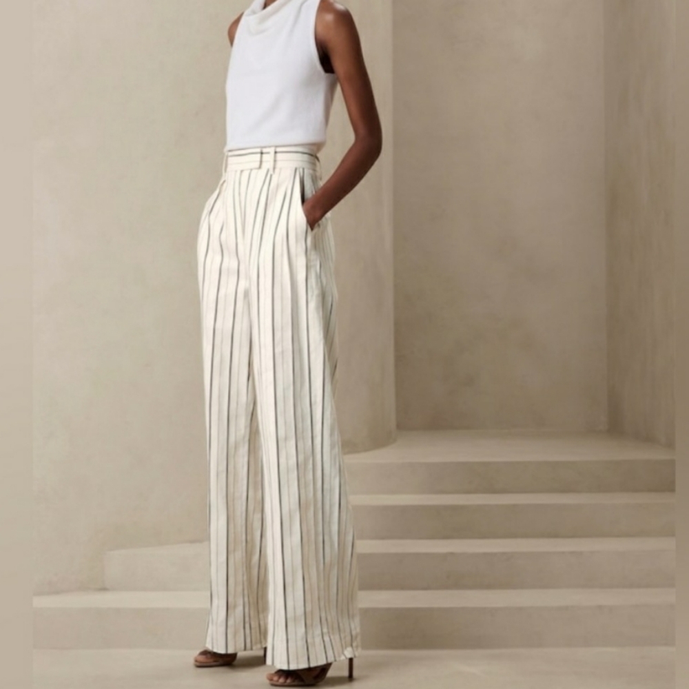 Banana Republic Wide Leg Linen Blend Cream Striped Trousers Size 10p